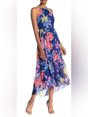 🦋 Vince Camuto Blue Maxi Floral Halter Dress Size 12 🦋